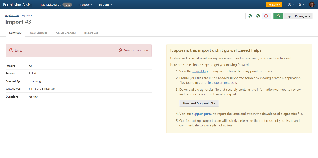 Import error message